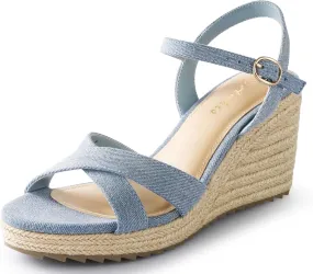 Ankis Wedge Sandals for Women, Espadrille Womens Wedge Sandals Comfortable Open Toe Cross Band Ankle Strap High Heel Wedges for Women Dressy Summer -3.4Inch