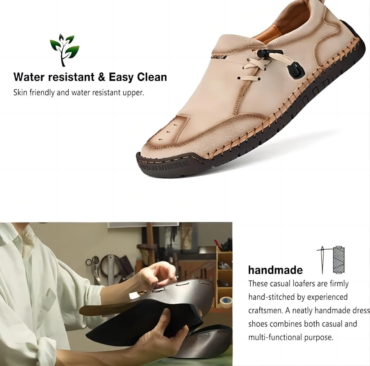 Asifn Men's Loafers Leather Handmade Stitching Casual Breathable Walking Slip-on Comfortable Outdoor Office Shoes