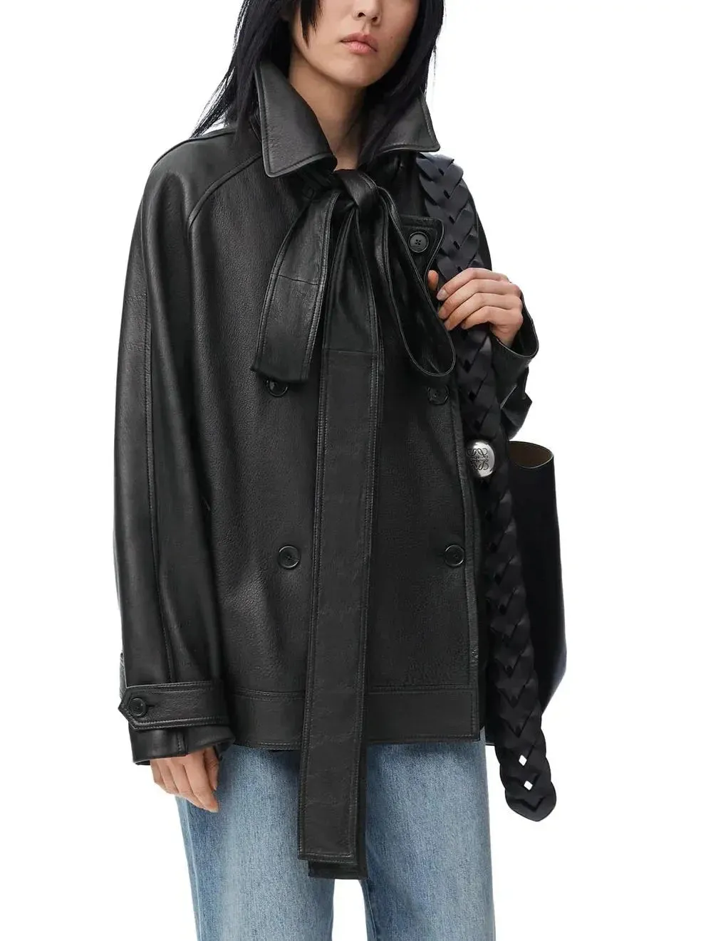 Bow-Detail Black Genuine Leather Double-Breasted Jacket