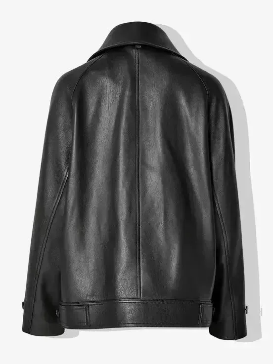 Bow-Detail Black Genuine Leather Double-Breasted Jacket