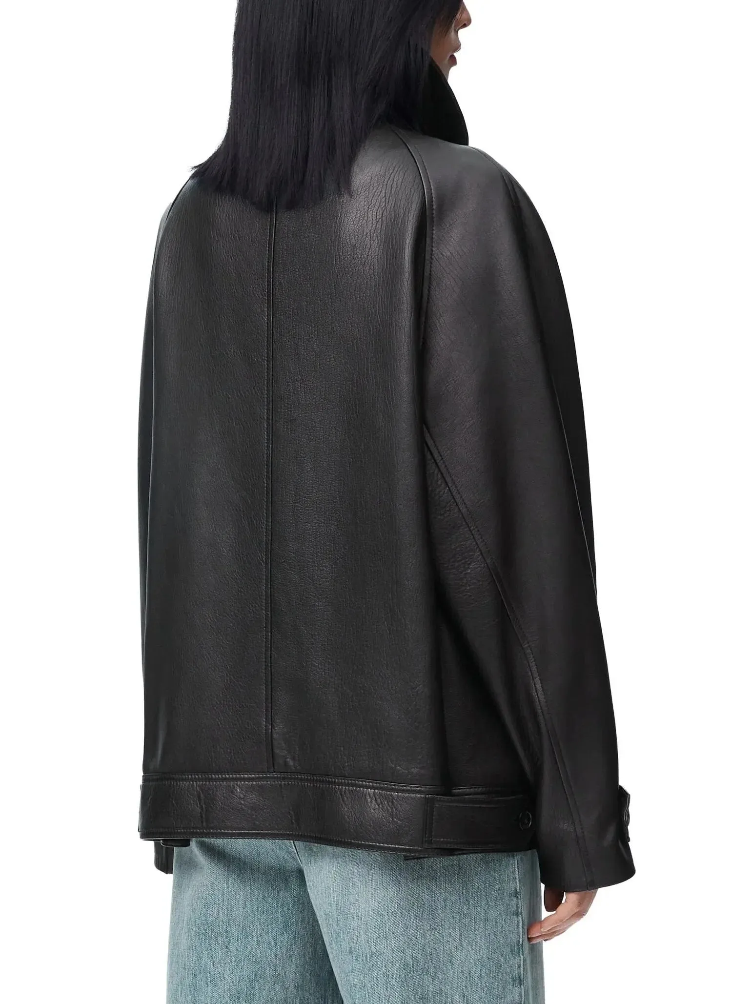 Bow-Detail Black Genuine Leather Double-Breasted Jacket