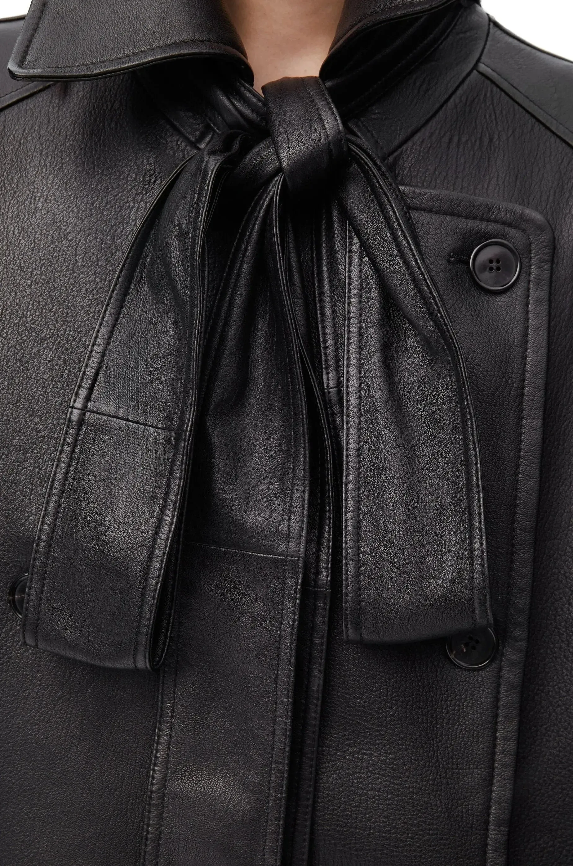 Bow-Detail Black Genuine Leather Double-Breasted Jacket