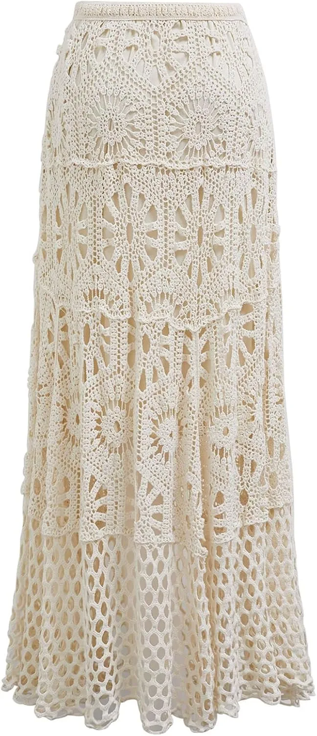 CHICWISH Women Bohemian Cutwork Crochet Maxi Skirt Hollow Out High Elastic Waist Summer Vacation Beach Long Skirts