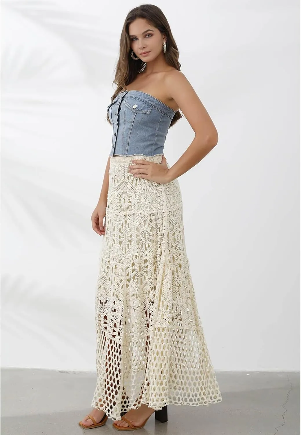 CHICWISH Women Bohemian Cutwork Crochet Maxi Skirt Hollow Out High Elastic Waist Summer Vacation Beach Long Skirts