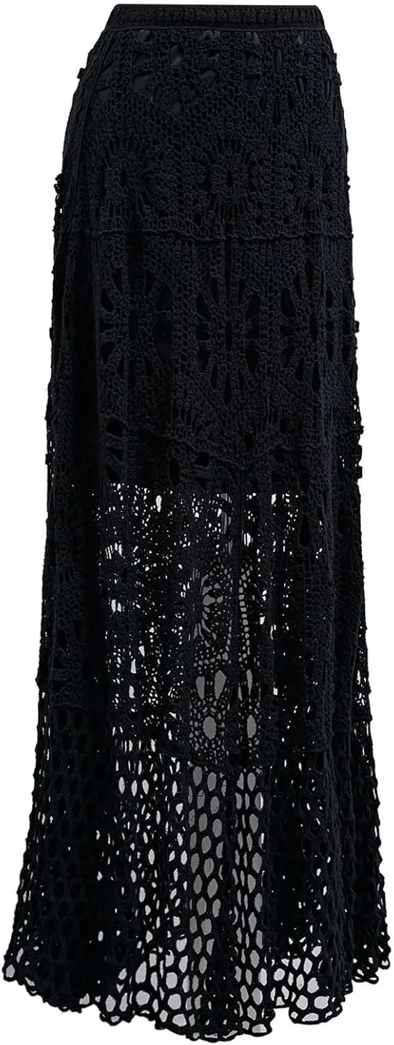 CHICWISH Women Bohemian Cutwork Crochet Maxi Skirt Hollow Out High Elastic Waist Summer Vacation Beach Long Skirts