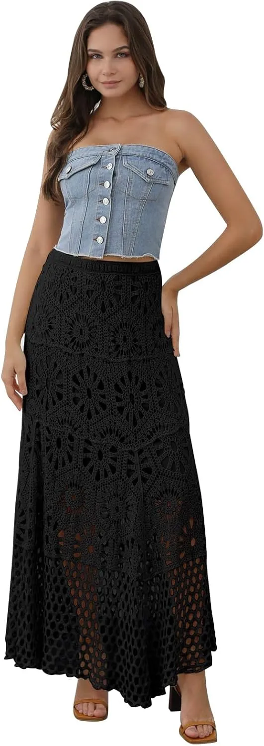 CHICWISH Women Bohemian Cutwork Crochet Maxi Skirt Hollow Out High Elastic Waist Summer Vacation Beach Long Skirts