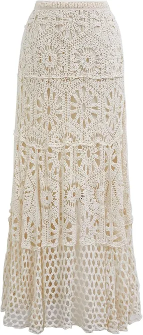 CHICWISH Women Bohemian Cutwork Crochet Maxi Skirt Hollow Out High Elastic Waist Summer Vacation Beach Long Skirts