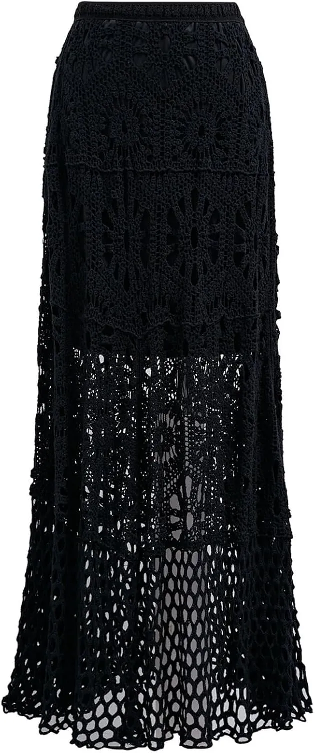 CHICWISH Women Bohemian Cutwork Crochet Maxi Skirt Hollow Out High Elastic Waist Summer Vacation Beach Long Skirts