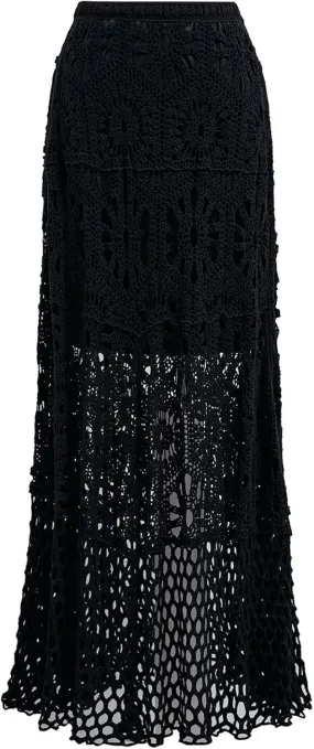 CHICWISH Women Bohemian Cutwork Crochet Maxi Skirt Hollow Out High Elastic Waist Summer Vacation Beach Long Skirts