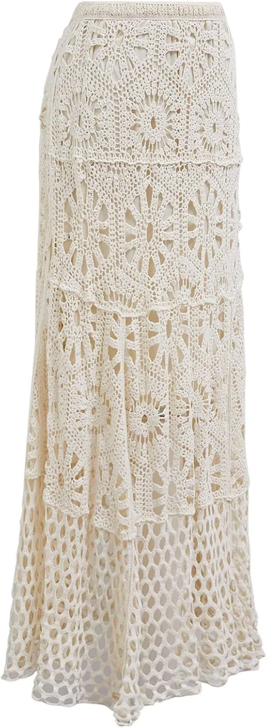 CHICWISH Women Bohemian Cutwork Crochet Maxi Skirt Hollow Out High Elastic Waist Summer Vacation Beach Long Skirts