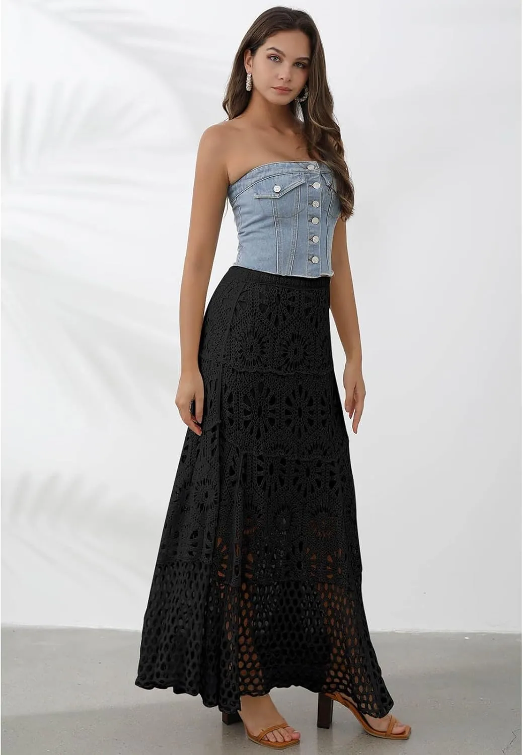 CHICWISH Women Bohemian Cutwork Crochet Maxi Skirt Hollow Out High Elastic Waist Summer Vacation Beach Long Skirts