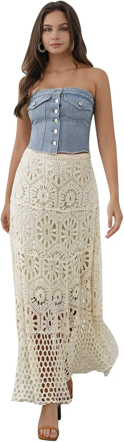 CHICWISH Women Bohemian Cutwork Crochet Maxi Skirt Hollow Out High Elastic Waist Summer Vacation Beach Long Skirts