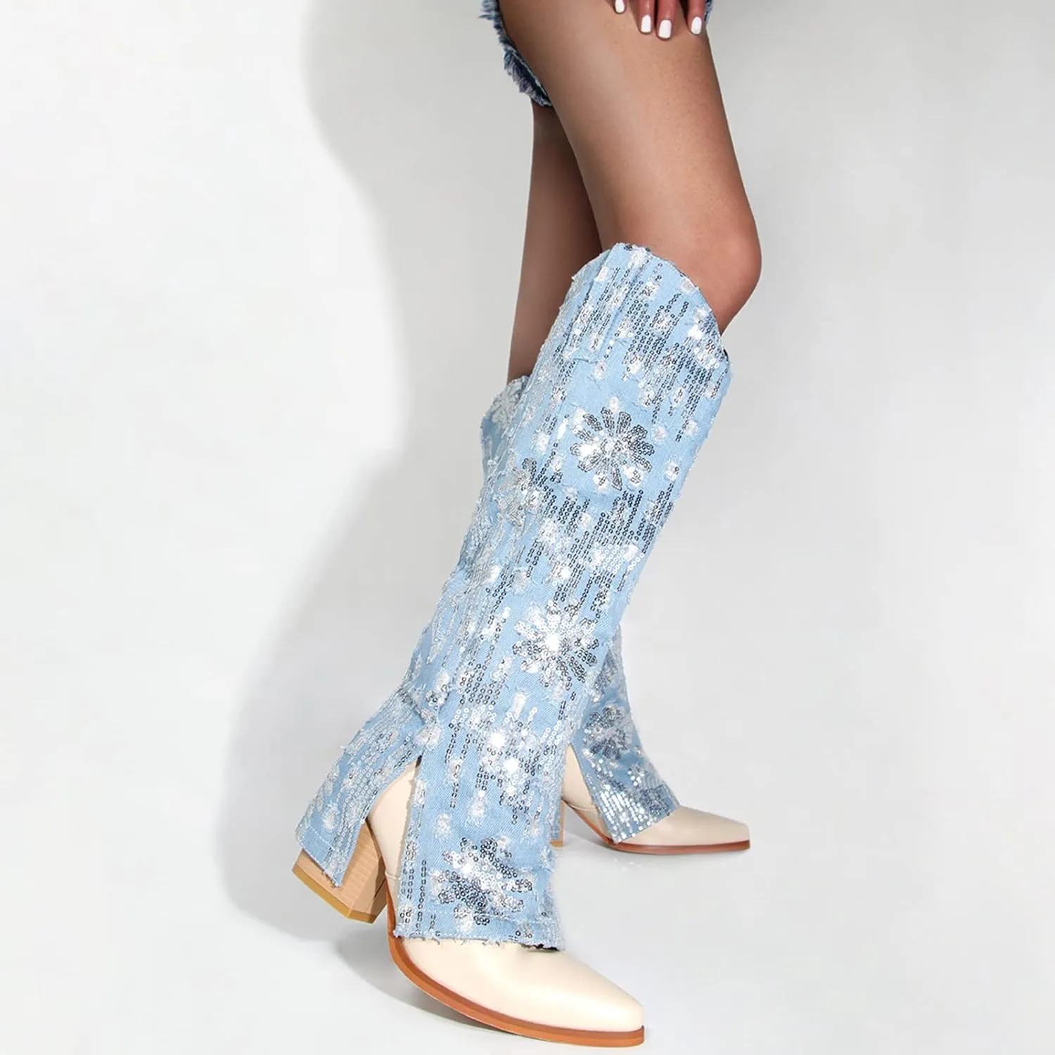 Cowboy Cowgirl Boots for Women Knee High Denim Boots
