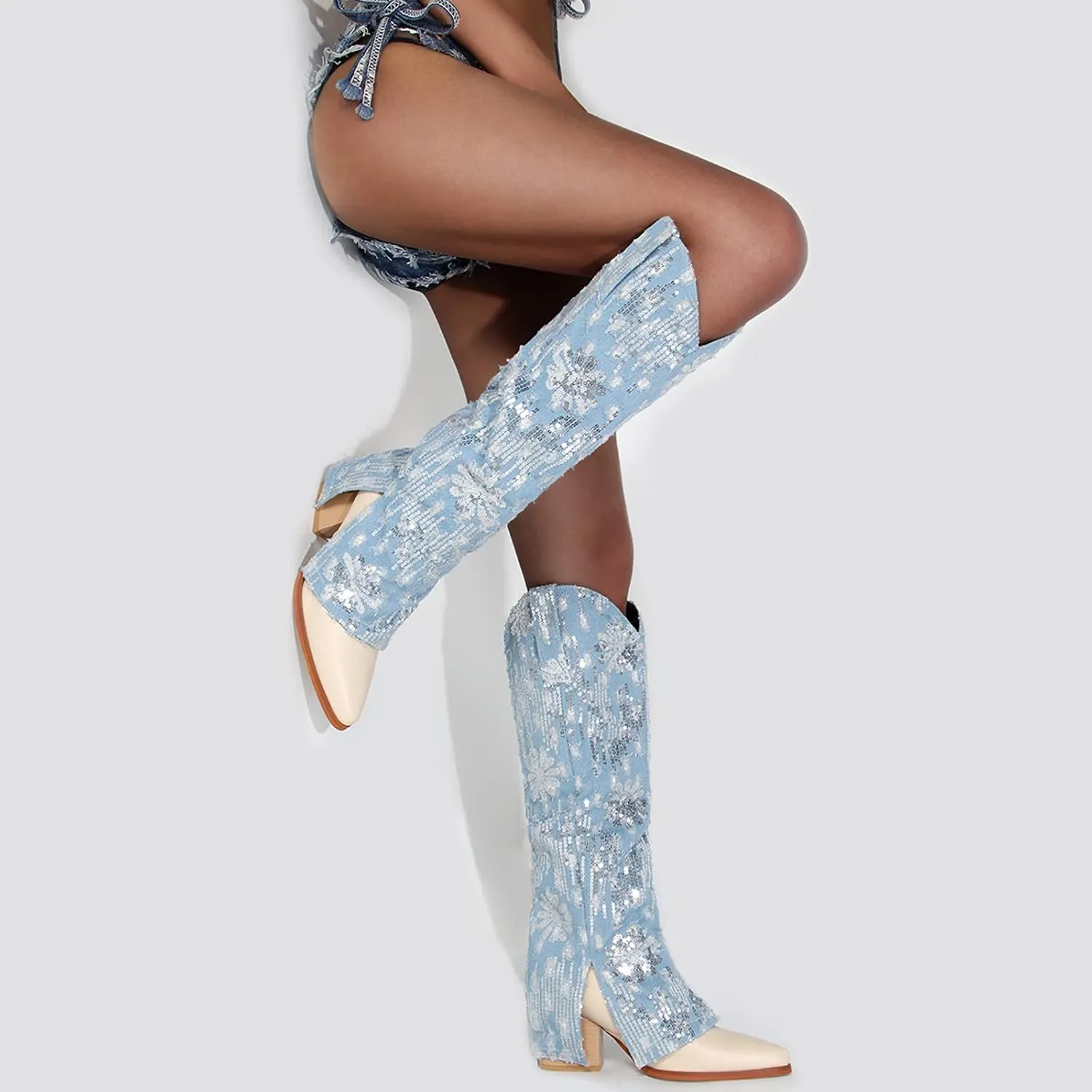 Cowboy Cowgirl Boots for Women Knee High Denim Boots