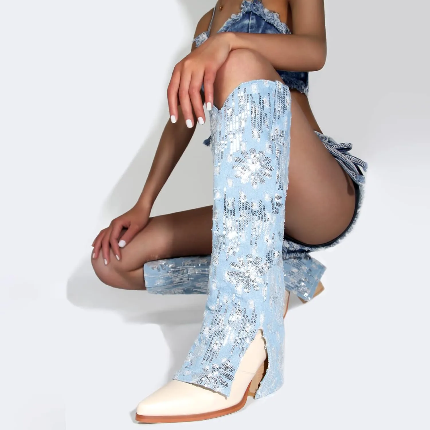 Cowboy Cowgirl Boots for Women Knee High Denim Boots