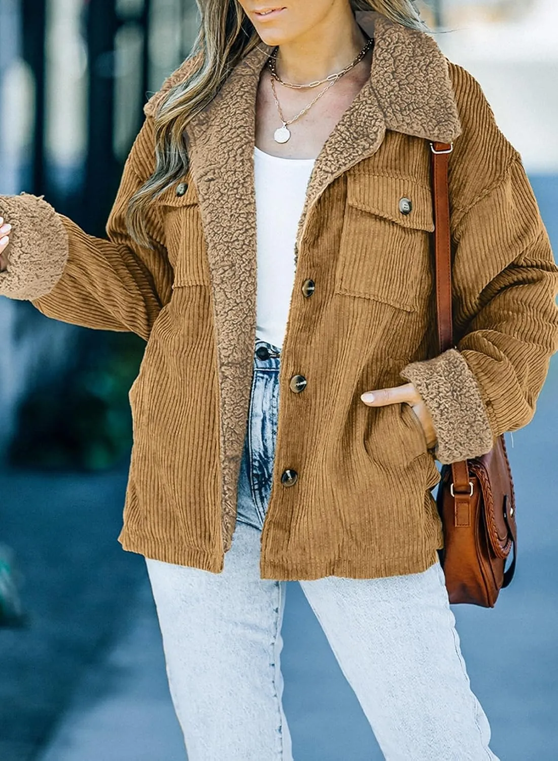 Dokotoo Corduroy Sherpa Jacket for Women Button Down Fleece Fur Collar Winter Warm Coat