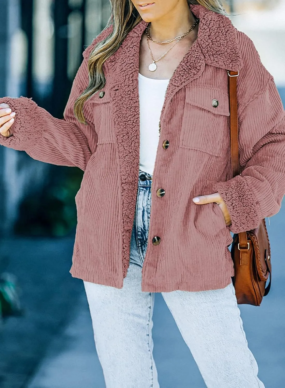 Dokotoo Corduroy Sherpa Jacket for Women Button Down Fleece Fur Collar Winter Warm Coat