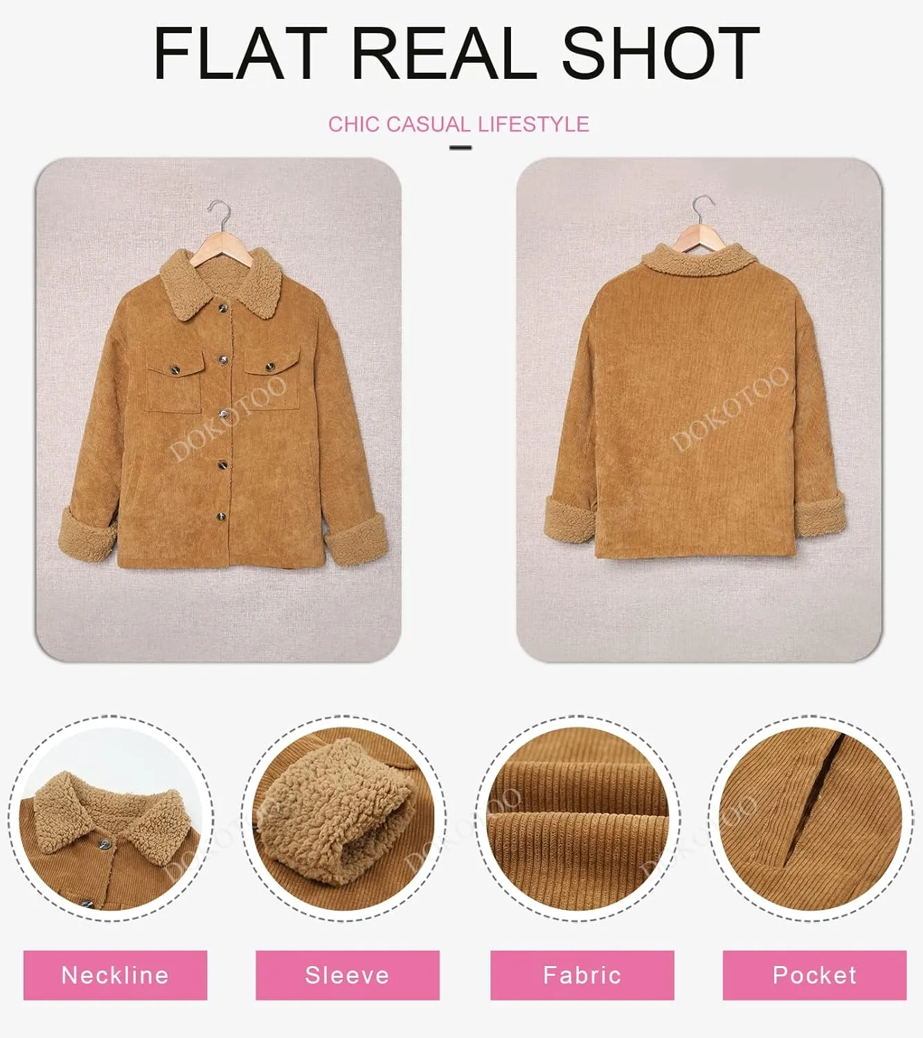 Dokotoo Corduroy Sherpa Jacket for Women Button Down Fleece Fur Collar Winter Warm Coat