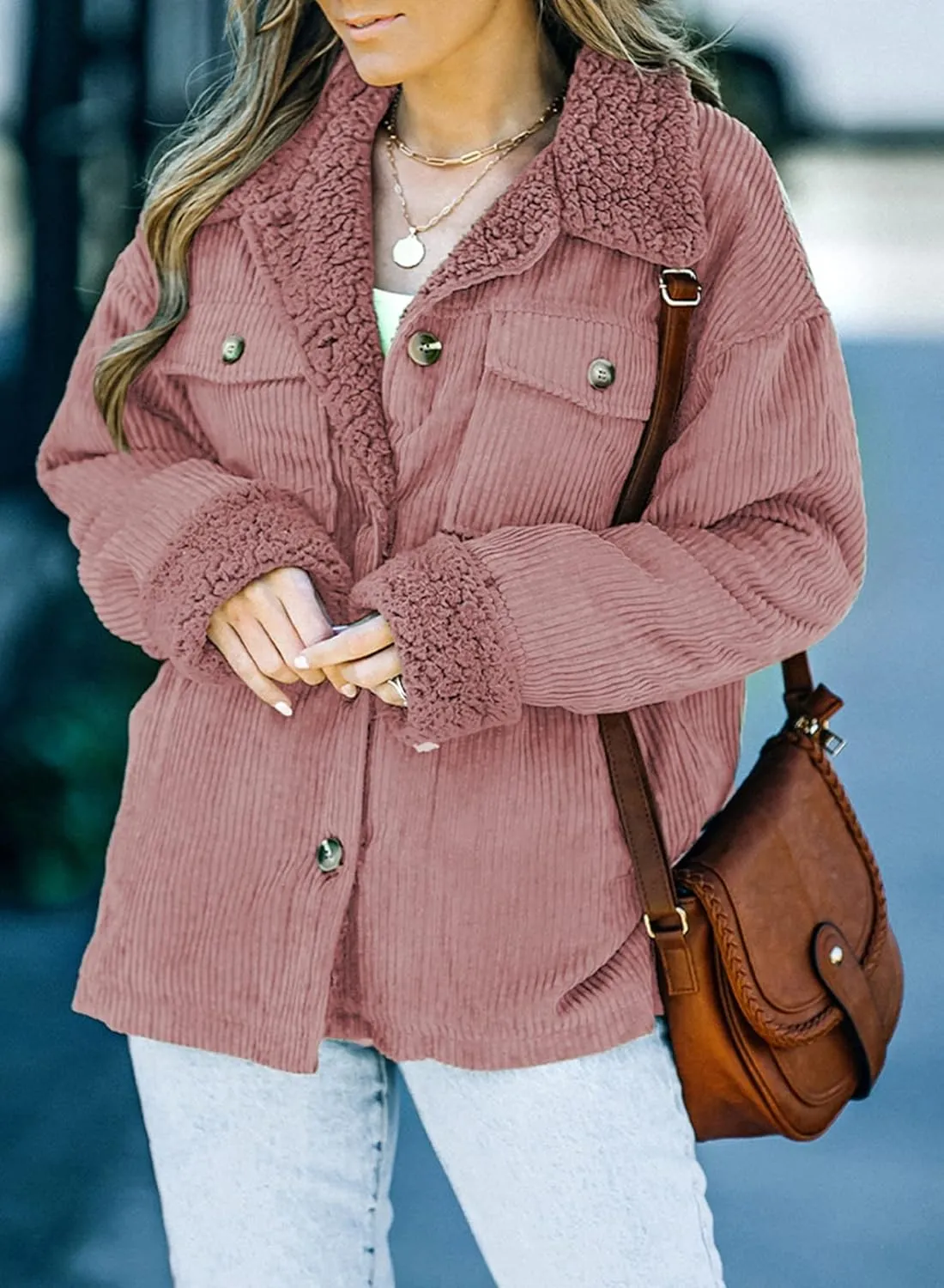 Dokotoo Corduroy Sherpa Jacket for Women Button Down Fleece Fur Collar Winter Warm Coat