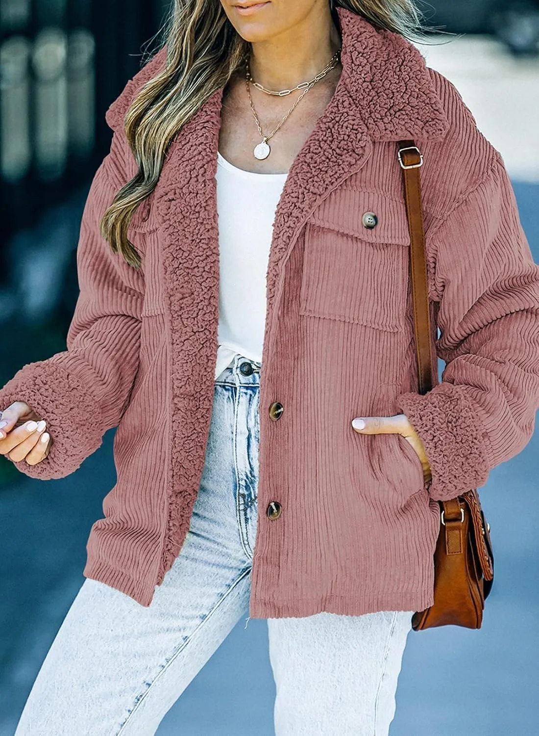 Dokotoo Corduroy Sherpa Jacket for Women Button Down Fleece Fur Collar Winter Warm Coat