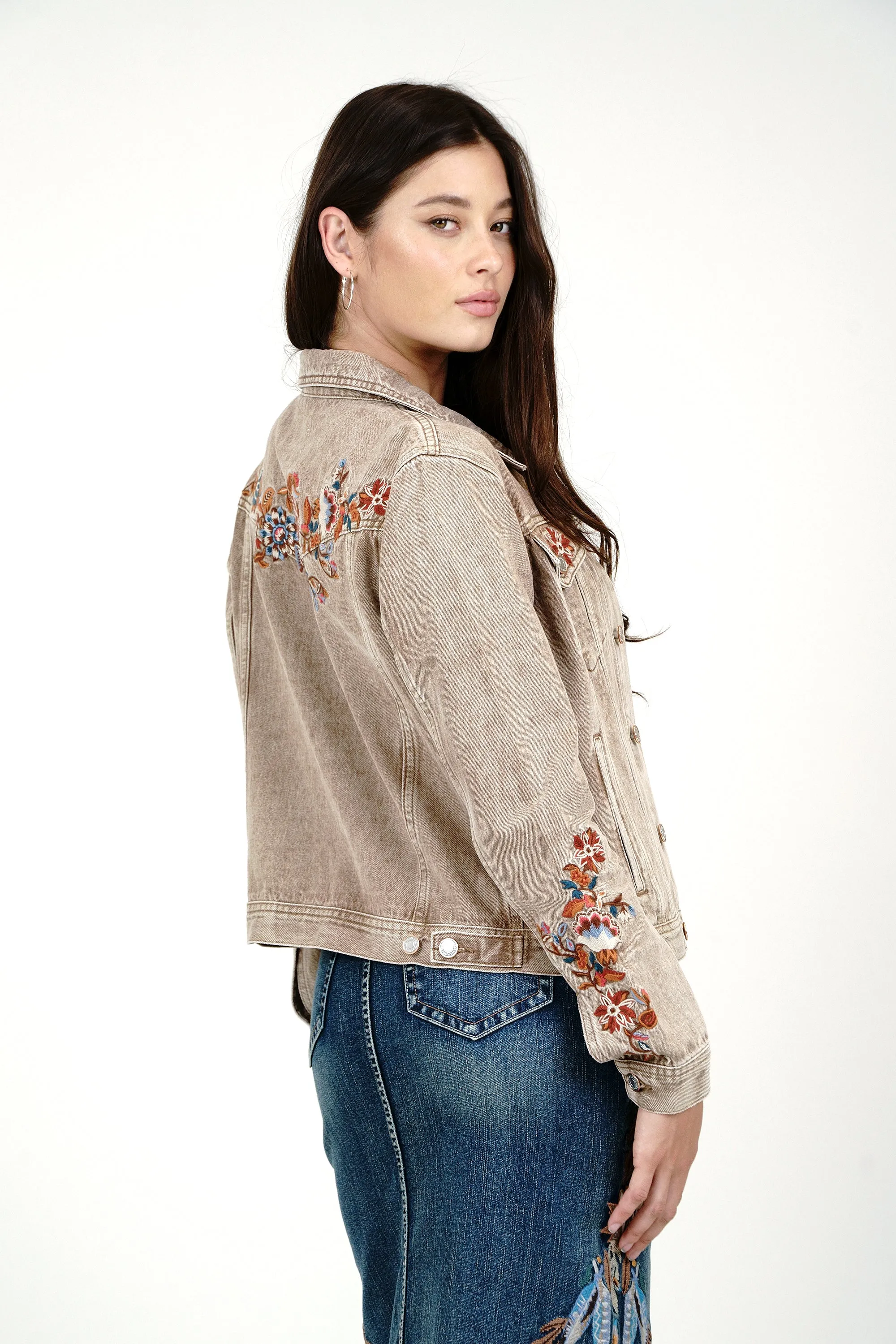 Floral Embroidery Camel Color Denim Jacket