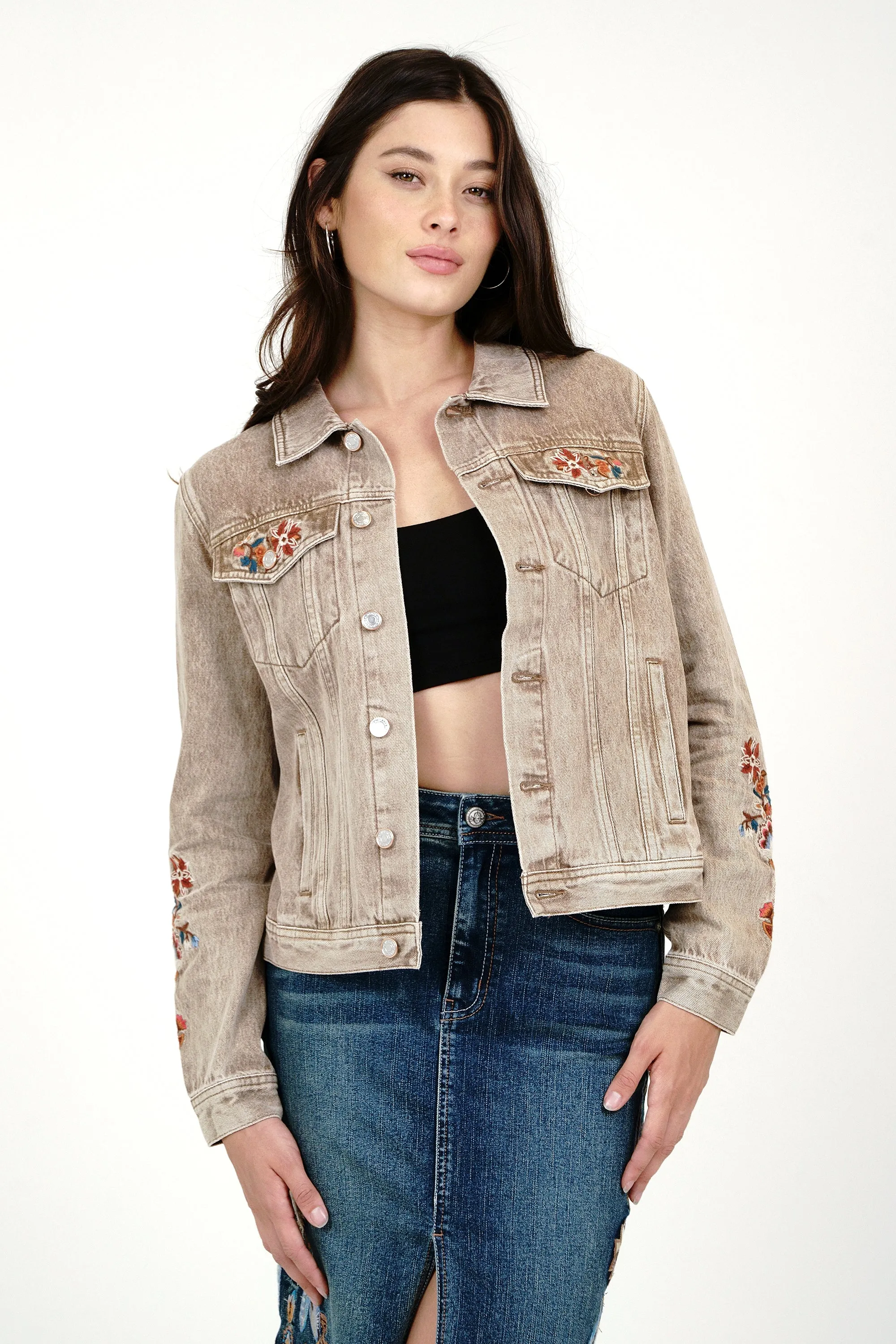 Floral Embroidery Camel Color Denim Jacket