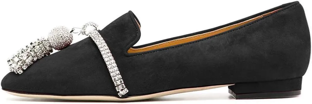 FSJ Women Trendy Round Toe Loafers Fringed Rhinestones Decor Flats Comfort Walking Ballet Shoes Size 4-15 US
