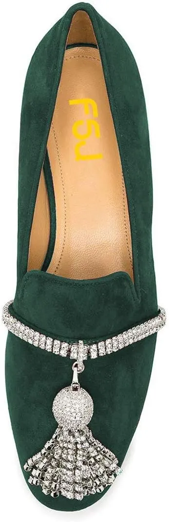 FSJ Women Trendy Round Toe Loafers Fringed Rhinestones Decor Flats Comfort Walking Ballet Shoes Size 4-15 US