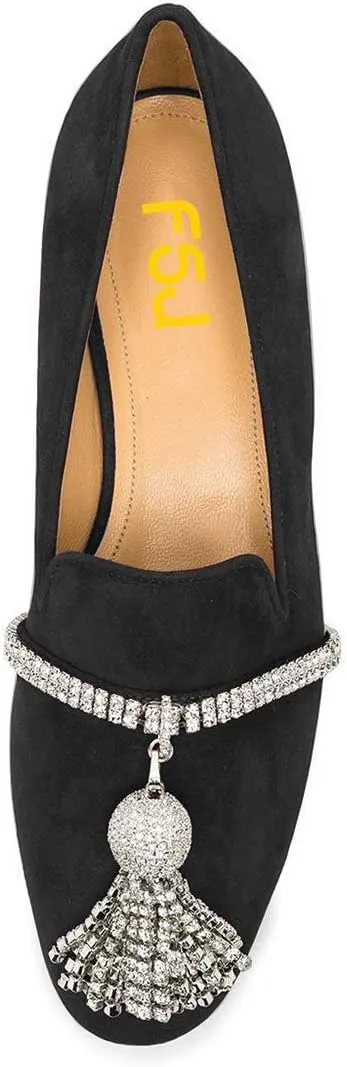 FSJ Women Trendy Round Toe Loafers Fringed Rhinestones Decor Flats Comfort Walking Ballet Shoes Size 4-15 US