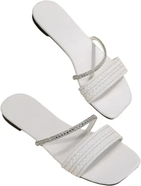 GORGLITTER Women's Glitter Rhinestone Braided Strappy Flats Pu Leather Square Open Toe Slide Sandals