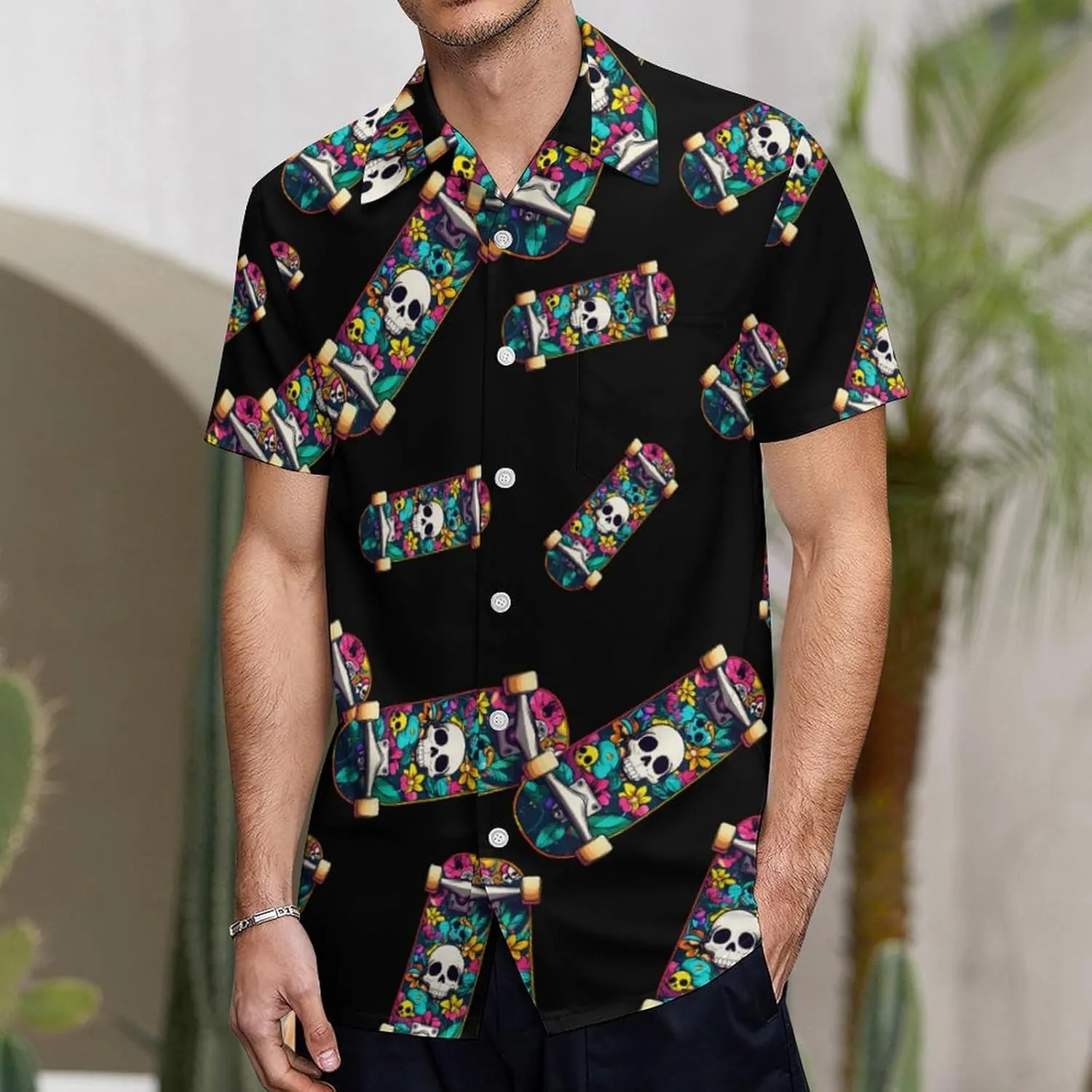 Graffiti Skateboard Mens Long Sleeve Button Up Shirts Hawaiian Printed Beach Shirt Casual Tops
