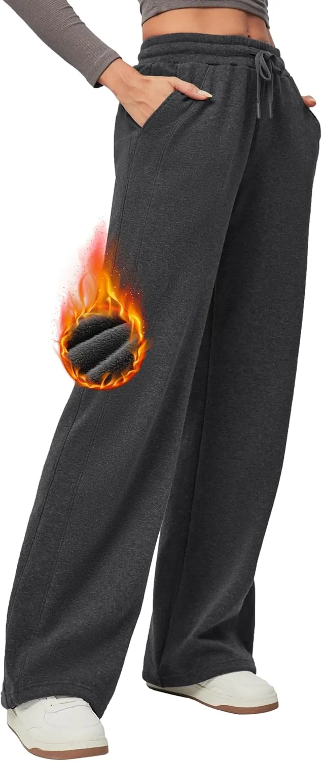 Heathyoga Fleece Lined Wide Leg Sweatpants Women Baggy High Waisted Flare Sweat Pants for Women Joggers with Pockets