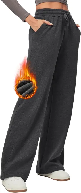 Heathyoga Fleece Lined Wide Leg Sweatpants Women Baggy High Waisted Flare Sweat Pants for Women Joggers with Pockets