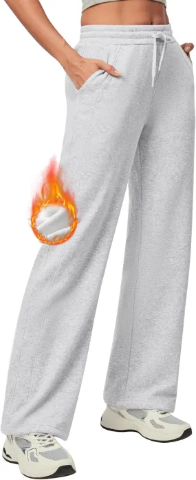 Heathyoga Fleece Lined Wide Leg Sweatpants Women Baggy High Waisted Flare Sweat Pants for Women Joggers with Pockets