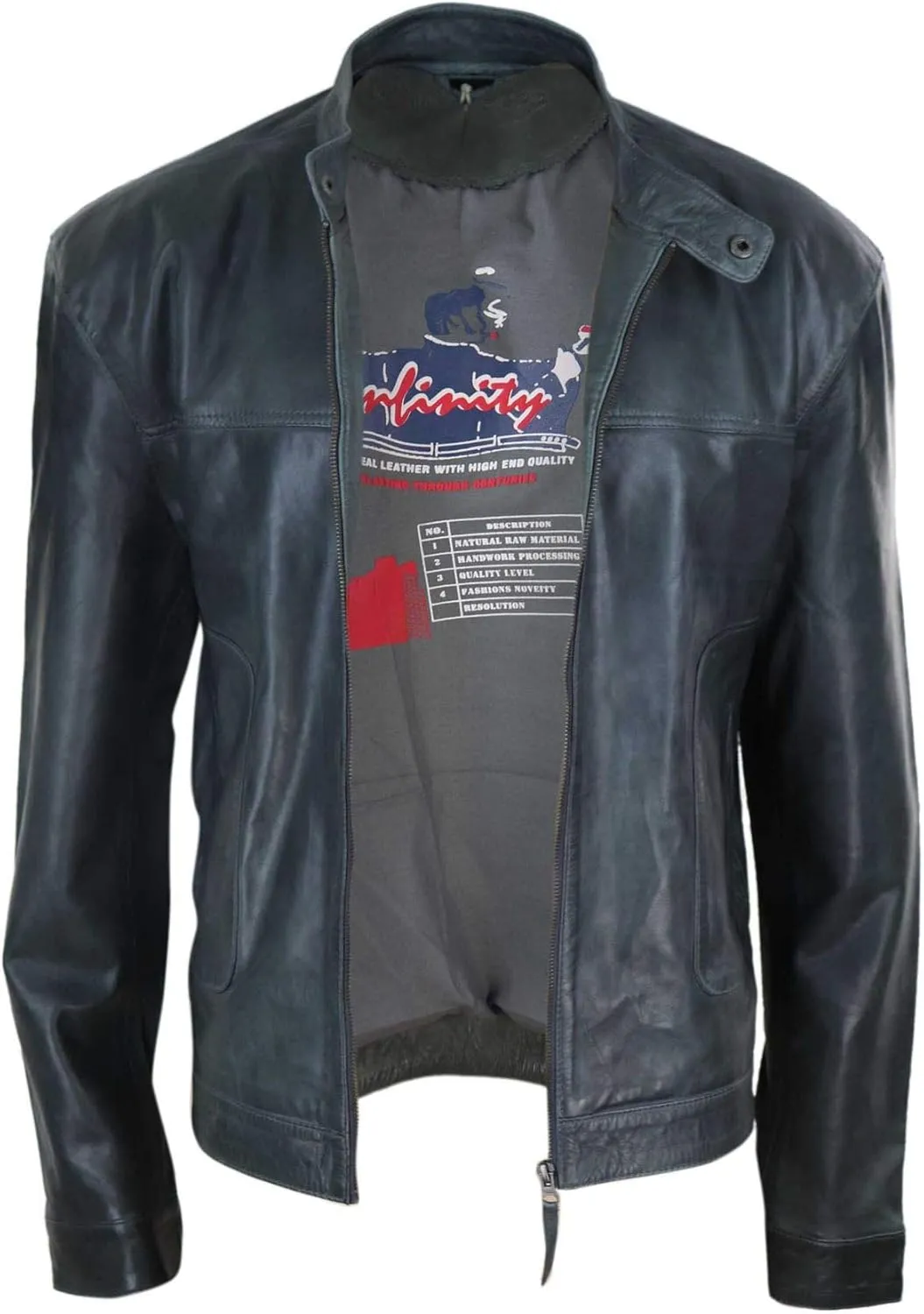 Mens Classic Casual Genuine Leather Biker Style Jacket Collarless Retro