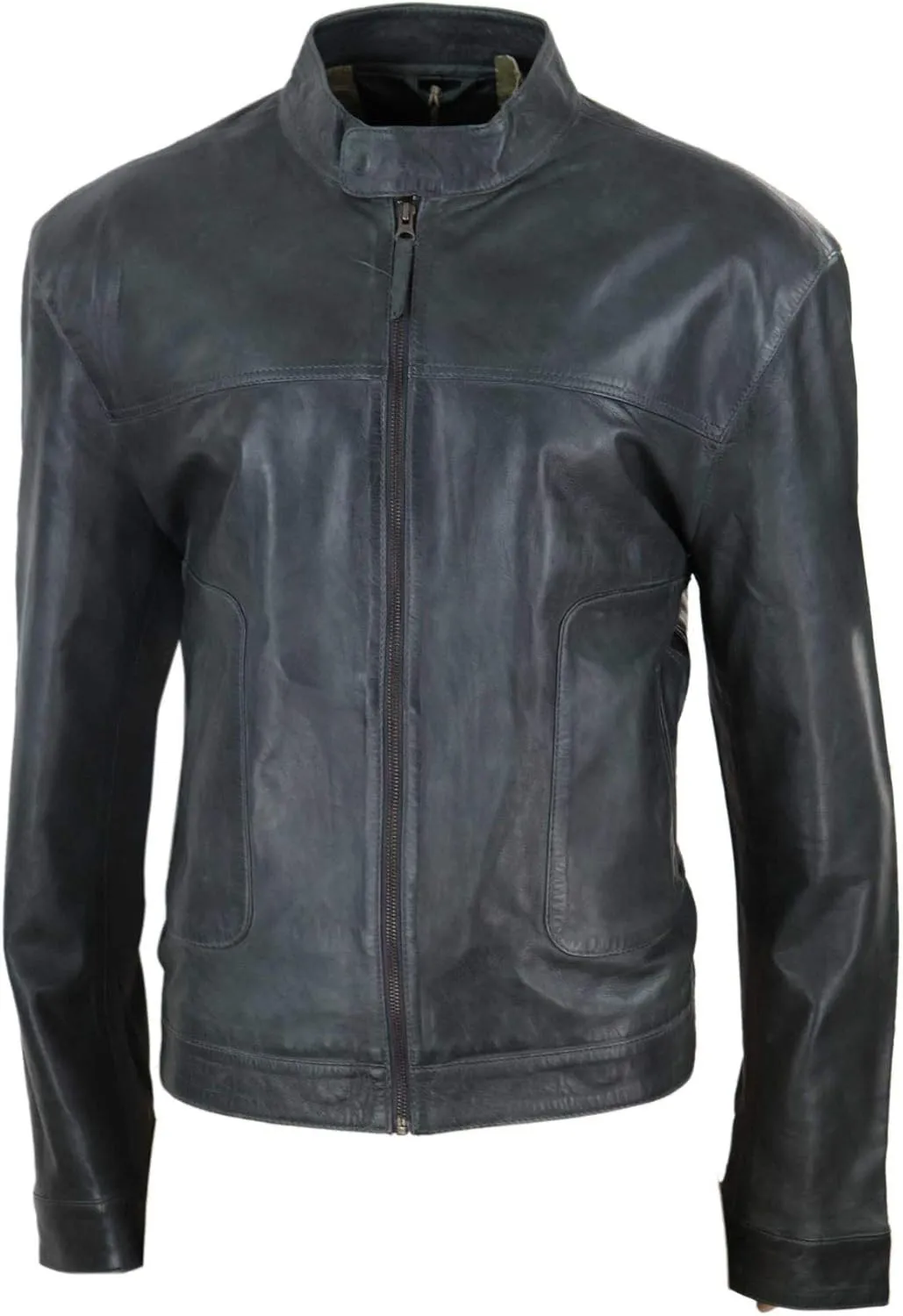 Mens Classic Casual Genuine Leather Biker Style Jacket Collarless Retro