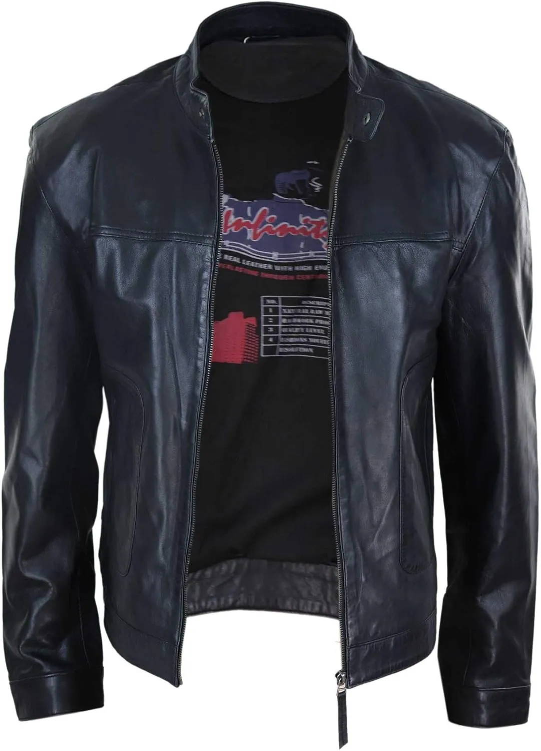 Mens Classic Casual Genuine Leather Biker Style Jacket Collarless Retro