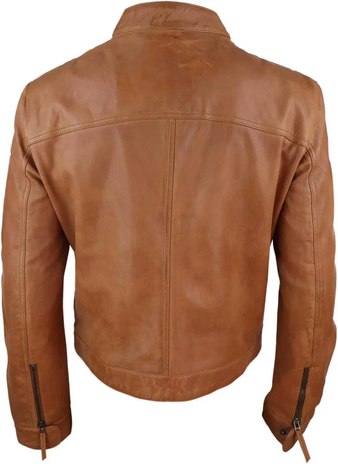Mens Classic Casual Genuine Leather Biker Style Jacket Collarless Retro