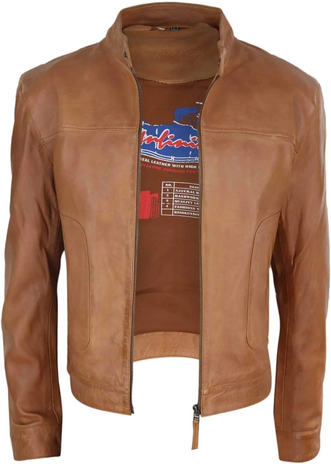 Mens Classic Casual Genuine Leather Biker Style Jacket Collarless Retro