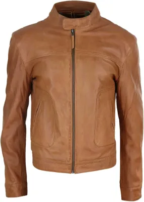 Mens Classic Casual Genuine Leather Biker Style Jacket Collarless Retro