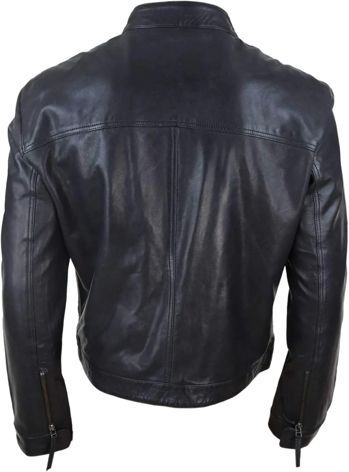 Mens Classic Casual Genuine Leather Biker Style Jacket Collarless Retro