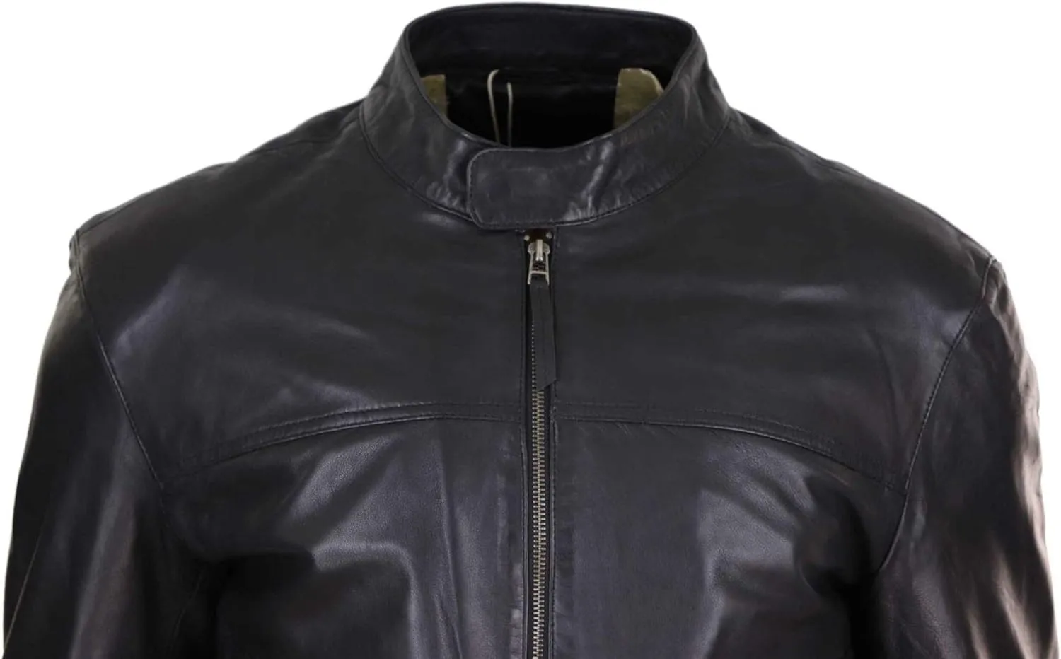 Mens Classic Casual Genuine Leather Biker Style Jacket Collarless Retro