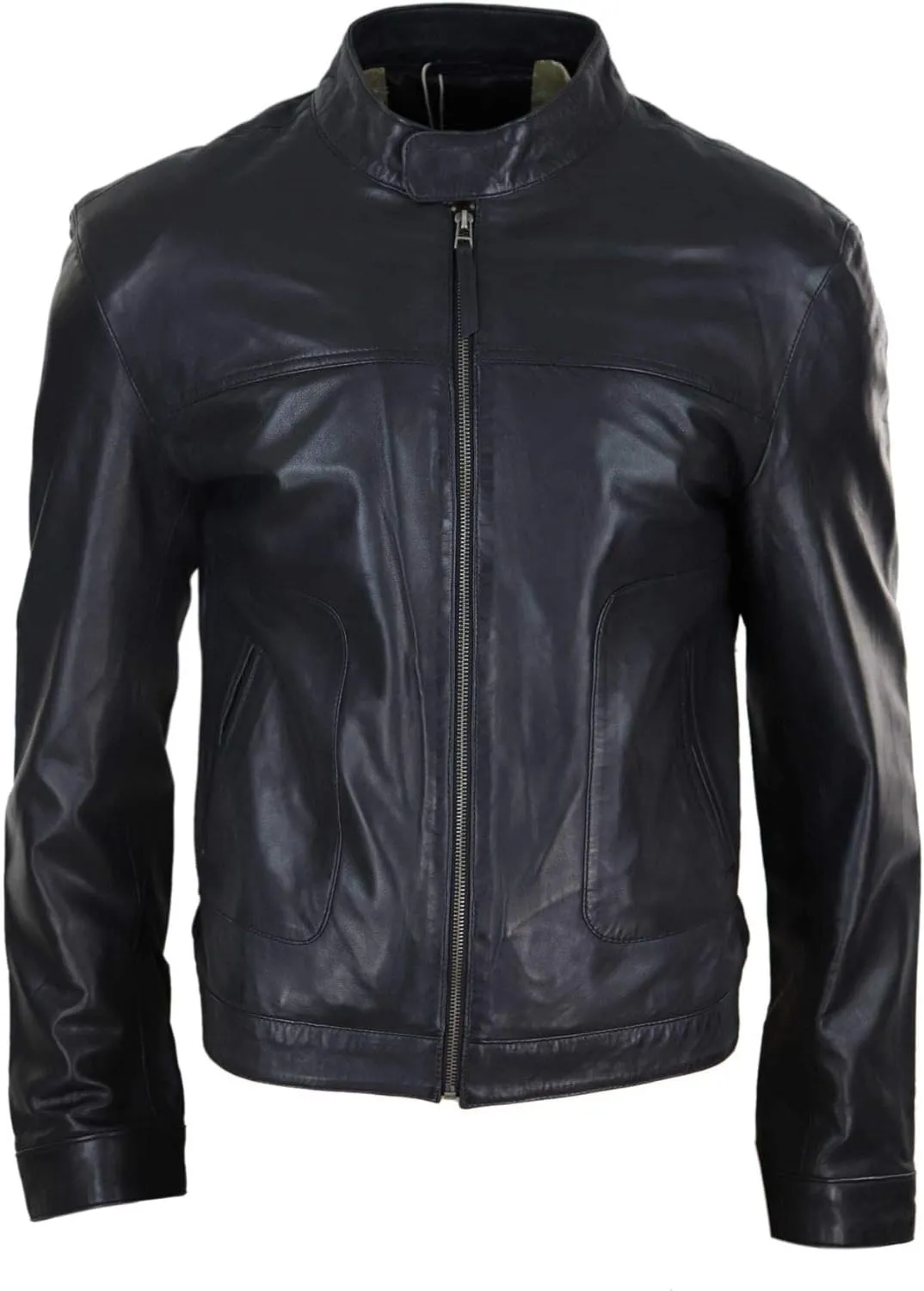 Mens Classic Casual Genuine Leather Biker Style Jacket Collarless Retro