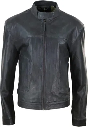 Mens Classic Casual Genuine Leather Biker Style Jacket Collarless Retro