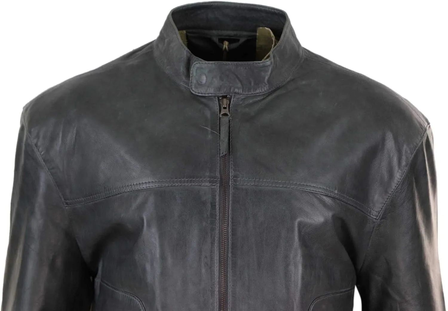 Mens Classic Casual Genuine Leather Biker Style Jacket Collarless Retro