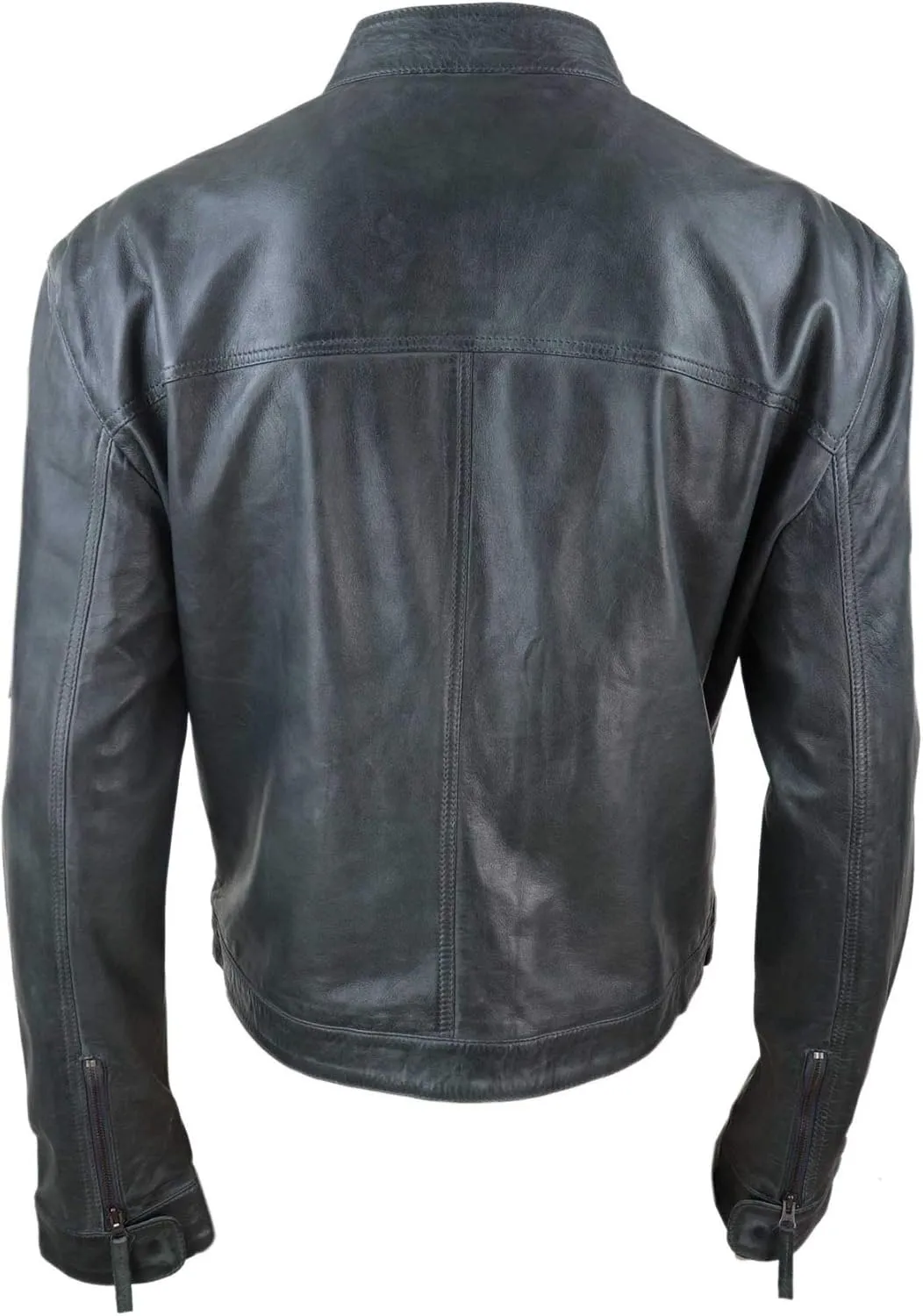 Mens Classic Casual Genuine Leather Biker Style Jacket Collarless Retro