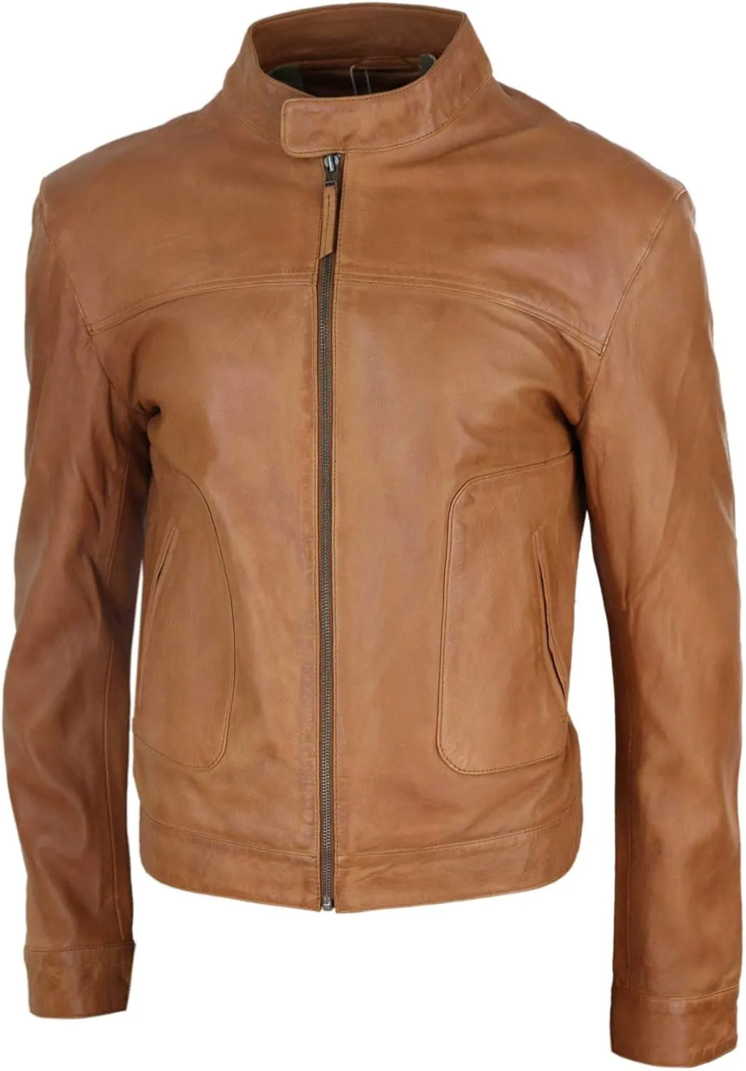 Mens Classic Casual Genuine Leather Biker Style Jacket Collarless Retro