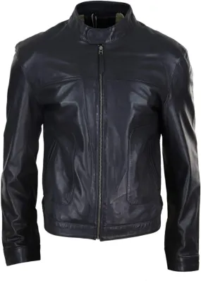 Mens Classic Casual Genuine Leather Biker Style Jacket Collarless Retro