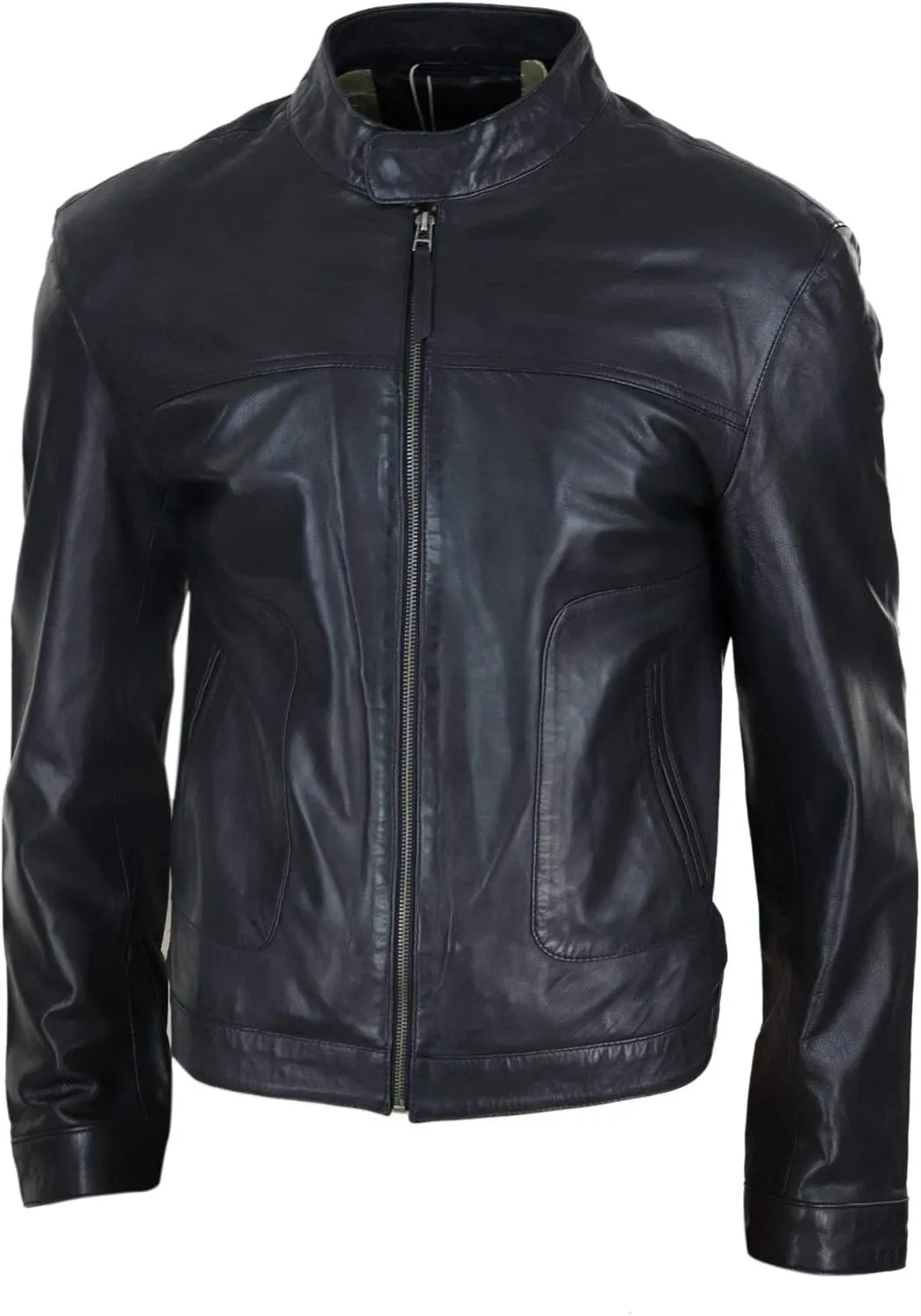 Mens Classic Casual Genuine Leather Biker Style Jacket Collarless Retro