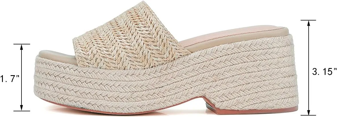 Monrovia Platform Sandals for Women, Wedge Espadrille Slides with Raffia Straw, Comfortable Brown Summer Sandals for Beach, Walking, Camping, Vacation